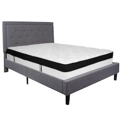 Queen Size Panel Tufted Upholstered Platform Bed in Light Gray Fabric with Memory Foam Mattress