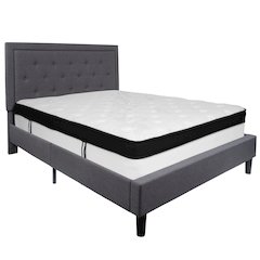 Queen Size Panel Tufted Upholstered Platform Bed in Dark Gray Fabric with Memory Foam Mattress