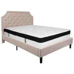 Queen Size Arched Tufted Upholstered Platform Bed in Beige Fabric with Memory Foam Mattress