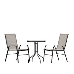 3 Piece Set - 23.75" Tempered Glass Patio Table, 2 Brown Stack Chairs