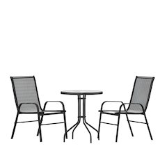 3 Piece Set - 23.75" Tempered Glass Patio Table, 2 Black Stack Chairs