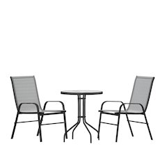 3 Piece Set - 23.75" Tempered Glass Patio Table, 2 Gray Stack Chairs