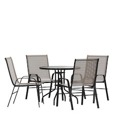5 Piece Set - 31.5" Tempered Glass Patio Table, 4 Brown Stack Chairs