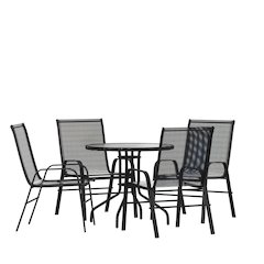 5 Piece Set - 31.5" Tempered Glass Patio Table, 4 Black Stack Chairs