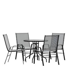 5 Piece Set - 31.5" Tempered Glass Patio Table, 4 Gray Stack Chairs