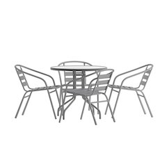 Lila 31.5'' Round Glass Top Metal Table with 4 Silver Aluminum Slat Stack Chairs