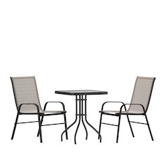 3 Piece Set - 23.5" Tempered Glass Patio Table, 2 Brown Stack Chairs