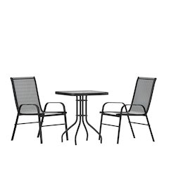 3 Piece Set - 23.5" Tempered Glass Patio Table, 2 Black Stack Chairs
