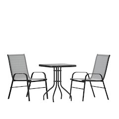 3 Piece Set - 23.5" Tempered Glass Patio Table, 2 Gray Stack Chairs