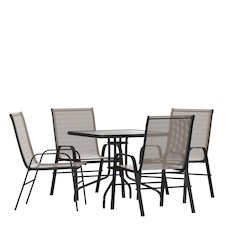 5 Piece Set - 31.5" Tempered Glass Patio Table, 4 Brown Stack Chairs