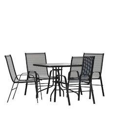 5 Piece Set - 31.5" Tempered Glass Patio Table, 4 Black Stack Chairs