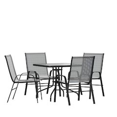 5 Piece Set - 31.5" Tempered Glass Patio Table, 4 Gray Stack Chairs