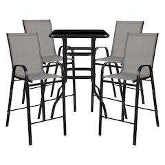 Dining Set - 4-Person Bistro Set - Brazos Glass Bar Table with Gray Patio Stools