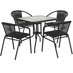 28'' Glass Metal Table with Black Rattan Edging and 4 Black Rattan Stack Chairs