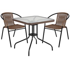 28'' Square Glass Metal Table with Dark Brown Rattan Edging and 2 Dark Brown Rattan Stack Chairs