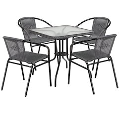 28'' Square Glass Metal Table with Gray Rattan Edging and 4 Gray Rattan Stack Chairs