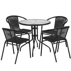 28'' Glass Metal Table with Black Rattan Edging and 4 Black Rattan Stack Chairs