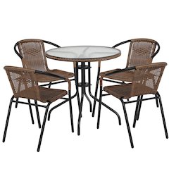 28'' Round Glass Metal Table with Dark Brown Rattan Edging and 4 Dark Brown Rattan Stack Chairs