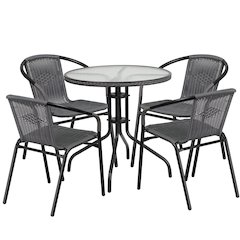 28'' Round Glass Metal Table with Gray Rattan Edging and 4 Gray Rattan Stack Chairs