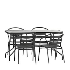 5 Piece Set - 55" Tempered Glass Patio Table - 4 Black Metal Chairs