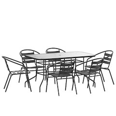 7 Piece Set - 55" Tempered Glass Patio Table, 6 Black Metal Chairs
