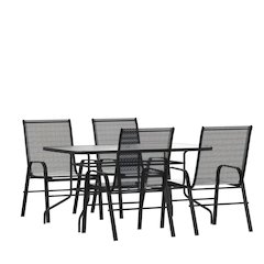 5 Piece Set - 55" Tempered Glass Patio Table, 4 Black Stack Chairs