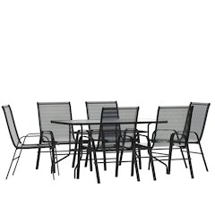 7 Piece Set - 55" Tempered Glass Patio Table, 6 Black Stack Chairs
