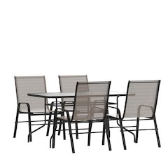 5 Piece Set - 55" Tempered Glass Patio Table, 4 Brown Stack Chairs