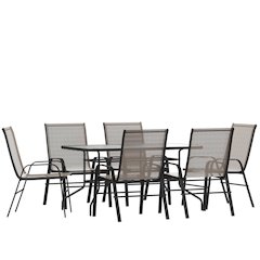 7 Piece Set - 55" Tempered Glass Patio Table, 6 Brown Stack Chairs