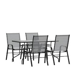 5 Piece Set - 55" Tempered Glass Patio Table, 4 Gray Stack Chairs