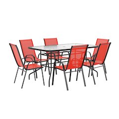 7 Piece Outdoor Patio Dining Set - 55" Patio Table, 6 Red Stack Chairs