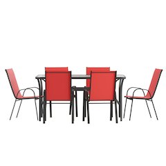 7 Piece Patio Dining Set with Patio Table and 6 Chairs, Red