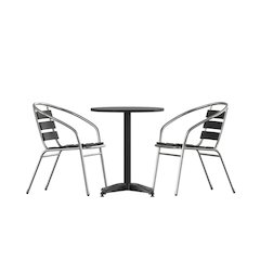 Lila 23.5'' Black Round Aluminum Table Set with 2 Black Slat Back Chairs