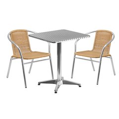 23.5'' Square Aluminum Indoor-Outdoor Table Set with 2 Beige Rattan Chairs
