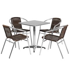 23.5'' Square Aluminum Indoor-Outdoor Table Set with 4 Dark Brown Rattan Chairs
