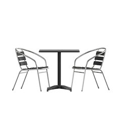 Lila 27.5'' Black Square Aluminum Table Set with 2 Black Slat Back Chairs