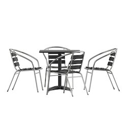 Lila 27.5'' Black Square Aluminum Table Set with 4 Black Slat Back Chairs