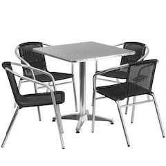 27.5'' Square Aluminum Indoor-Outdoor Table Set with 4 Black Rattan Chairs
