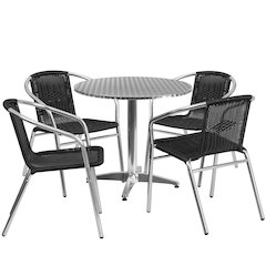 31.5'' Round Aluminum Indoor-Outdoor Table Set with 4 Black Rattan Chairs