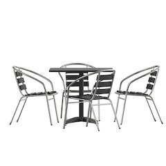 Lila 31.5'' Black Square Aluminum Table Set with 4 Black Slat Back Chairs