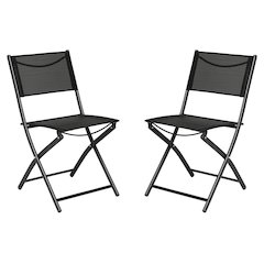 Set of 2 Folding Chairs with Black Material Backs and Seats, Black Metal Frames