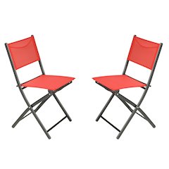 Set of 2 Folding Chairs with Red Material Backs and Seats and Black Metal Frames