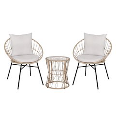 3-Piece Bistro Set, Rope Chairs, Glass Top Side Table, Light Gray Cushions