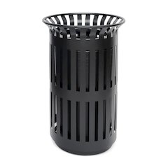 Black Outdoor Round Slatted Steel 37 Gallon Trash Can, Removable Inner Bin
