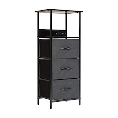 3 Drawer Nightstand with Charging Station, 2 USB Ports, Black Metal Frame
