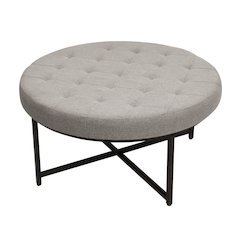 34" Round Cotton Linen Tufted Ottoman with Metal Frame, Gray Cotton Linen