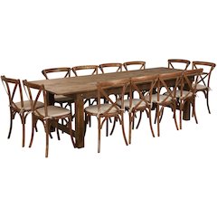 9' x 40'' Antique Rustic Folding Farm Table Set with 12 Cross Back Chairs and Cushions