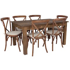 60" x 38" Antique Rustic Farm Table Set with 6 Cross Back Chairs and Cushions