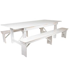 HERCULES Series 8' x 40" Antique Rustic White Folding Farm Table and Two Bench Set