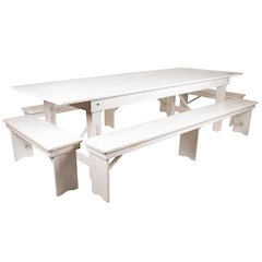 9' x 40" Antique Rustic White Folding Farm Table and Four Bench Set